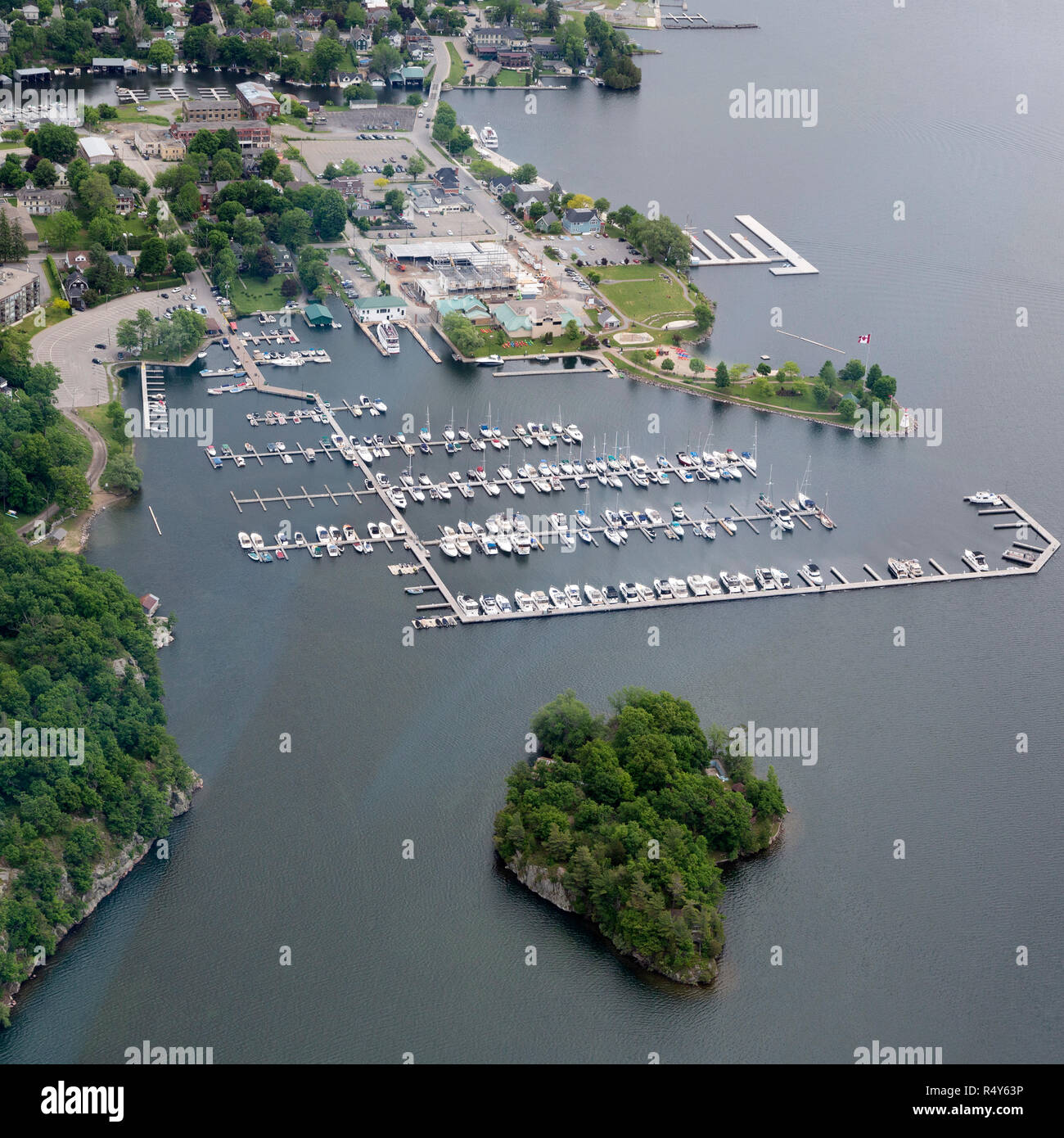 Aerial view of Gananoque in Ontario, Canada. The town is seen as a gateway to the Thousand Islands region, on the border of the USA and Canada. Stock Photo