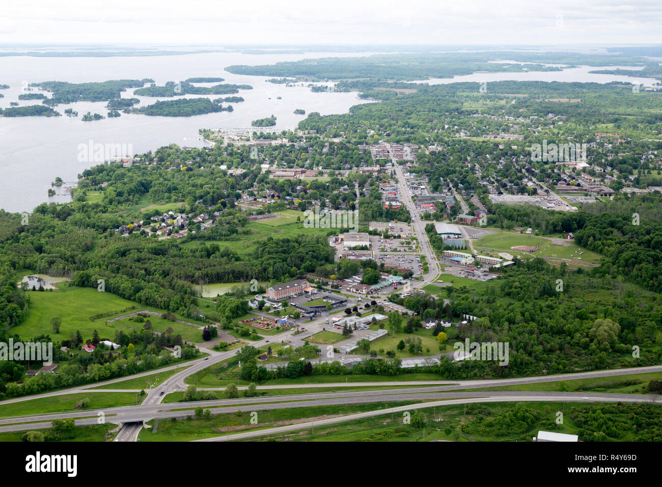 Aerial view of Gananoque in Ontario, Canada. The town is seen as a gateway to the Thousand Islands region, on the border of the USA and Canada. Stock Photo