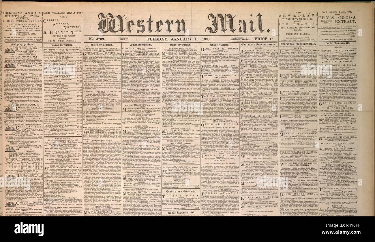 Front Page of the Western Mail newspaper. Newspaper for Wales. Dated 16th  January 1883. . The Western Mail. Wales. Source: Western Mail 16/01/1883  p1. Language: English Stock Photo - Alamy