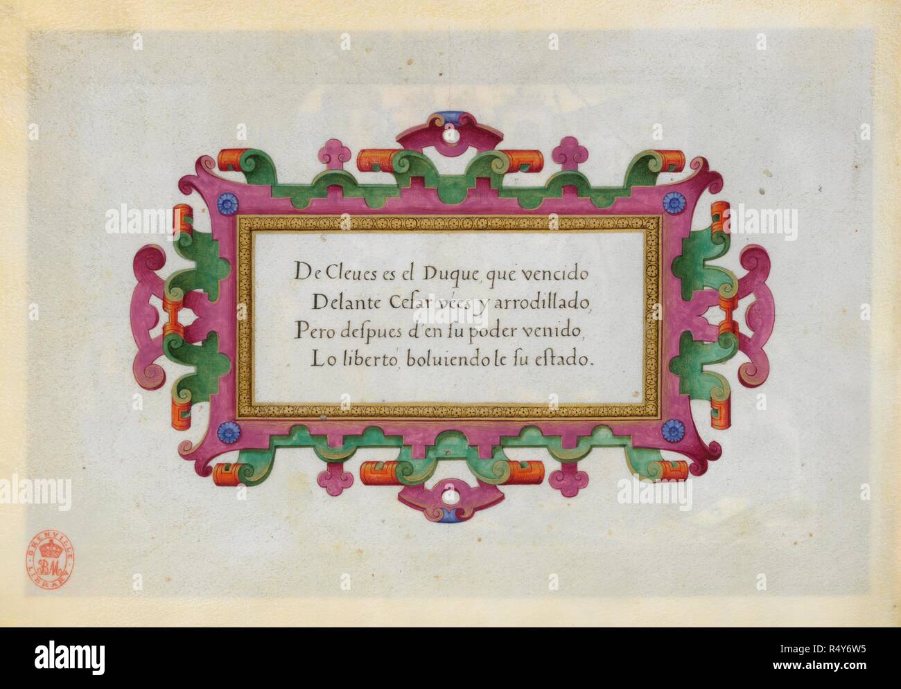 An inscription about one of the military victories of Emperor Charles V of Spain. . A SERIES of twelve miniatures illustrating the victories of the Emperor Charles V. with descriptive quatrains in Spanish. Antwerp. A SERIES of twelve miniatures illustrating the victories of the Emperor Charles V. with descriptive quatrains in Spanish. Each miniature, including a border 3/4 inch wide, measures 10 1/4 inches in length by 7 inches in height, and is painted on the recto of a leaf of vellum, 11 1/2 x 8 inches. Source: Add. 33733 f.11v. Language: Spanish. Stock Photo