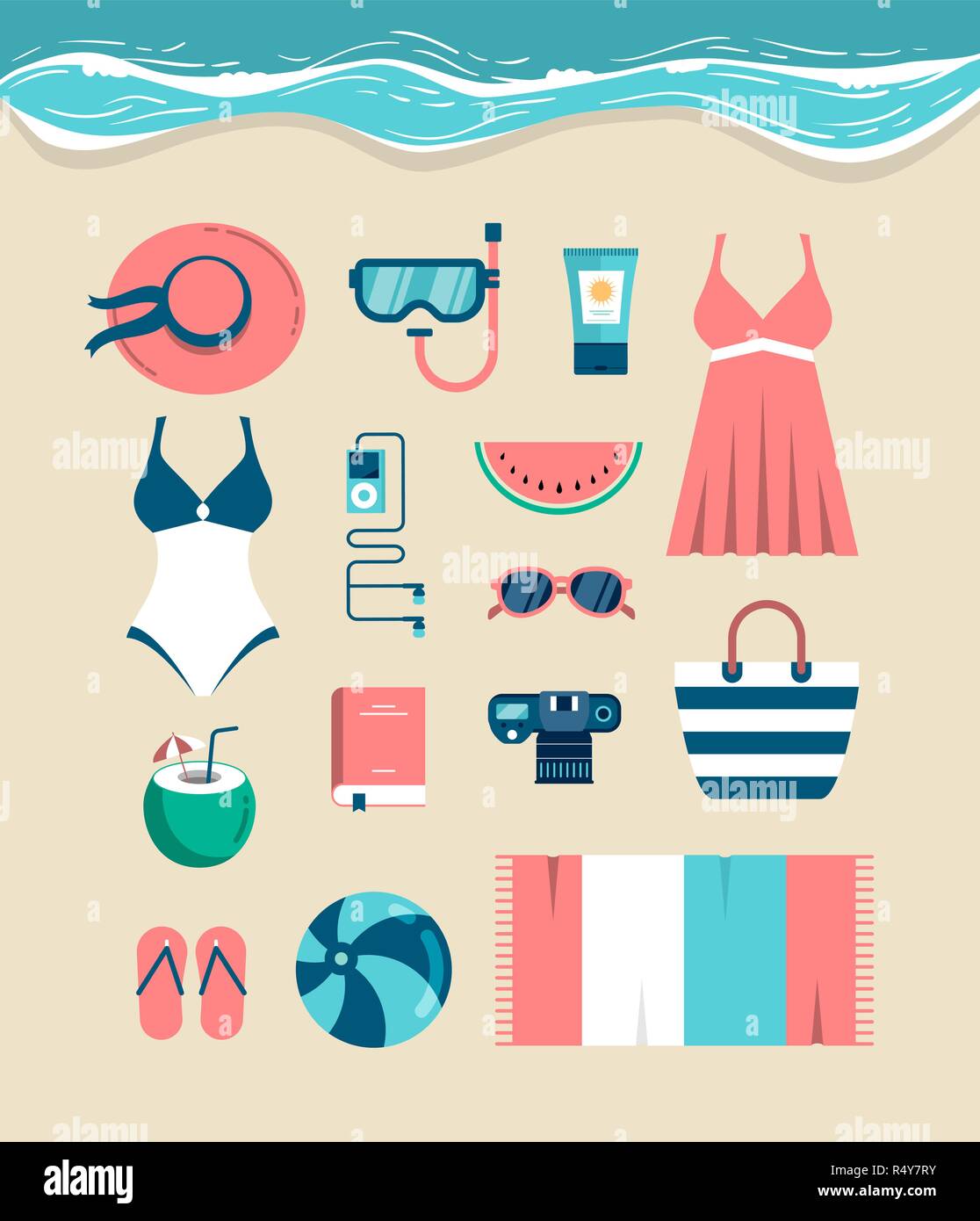 Beautiful set of beach essentials Stock Vector