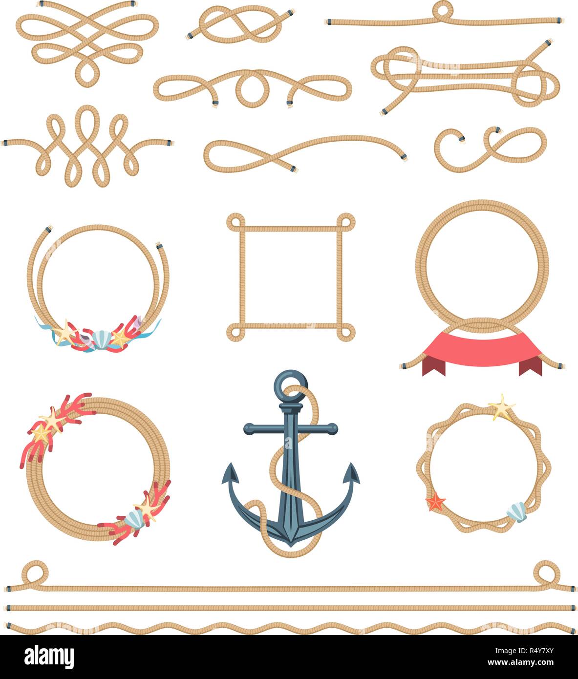 set of beautiful elements made of nautical rope Stock Vector