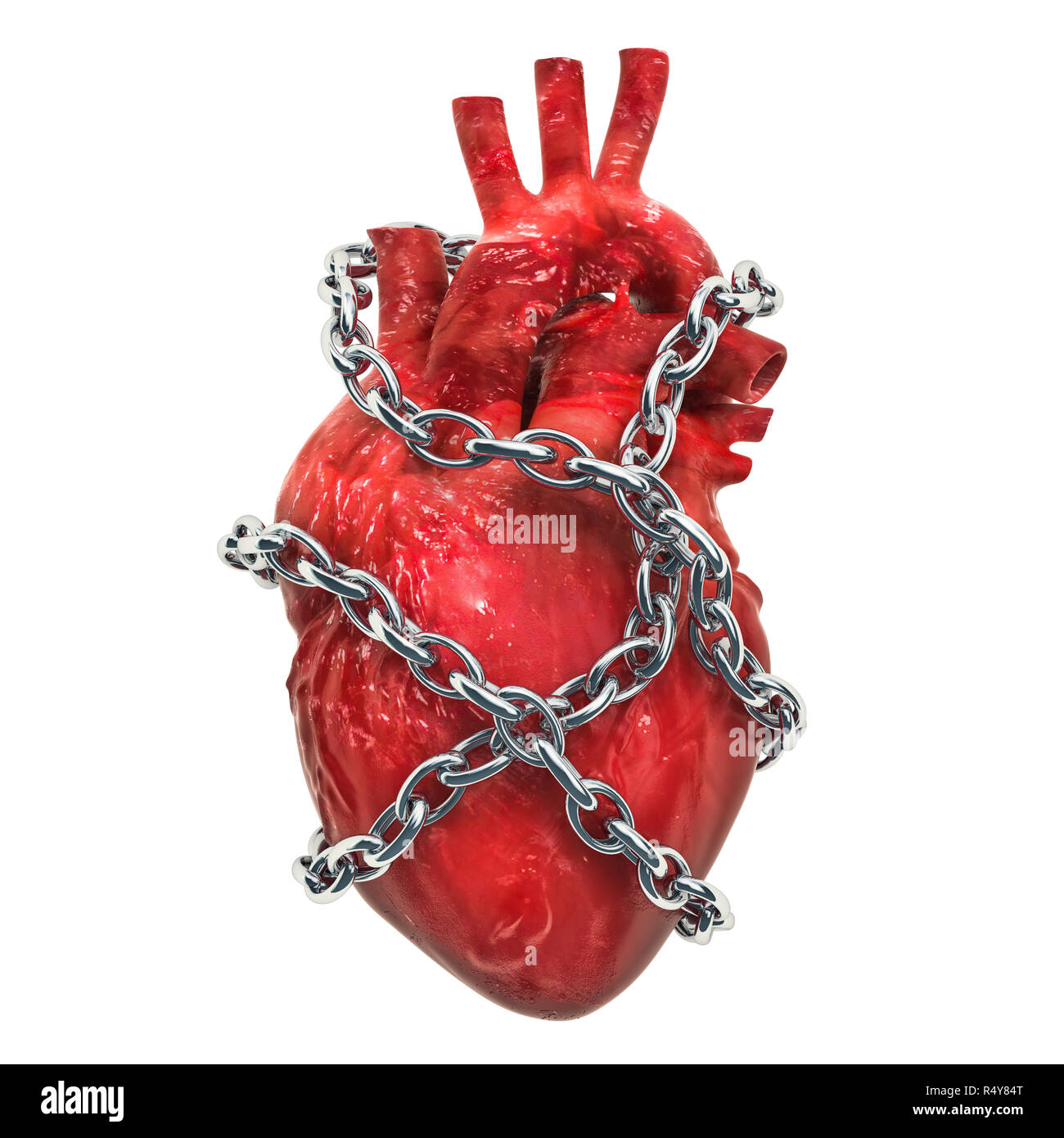 Heart Pain concept. Human heart with chain. 3D rendering isolated 