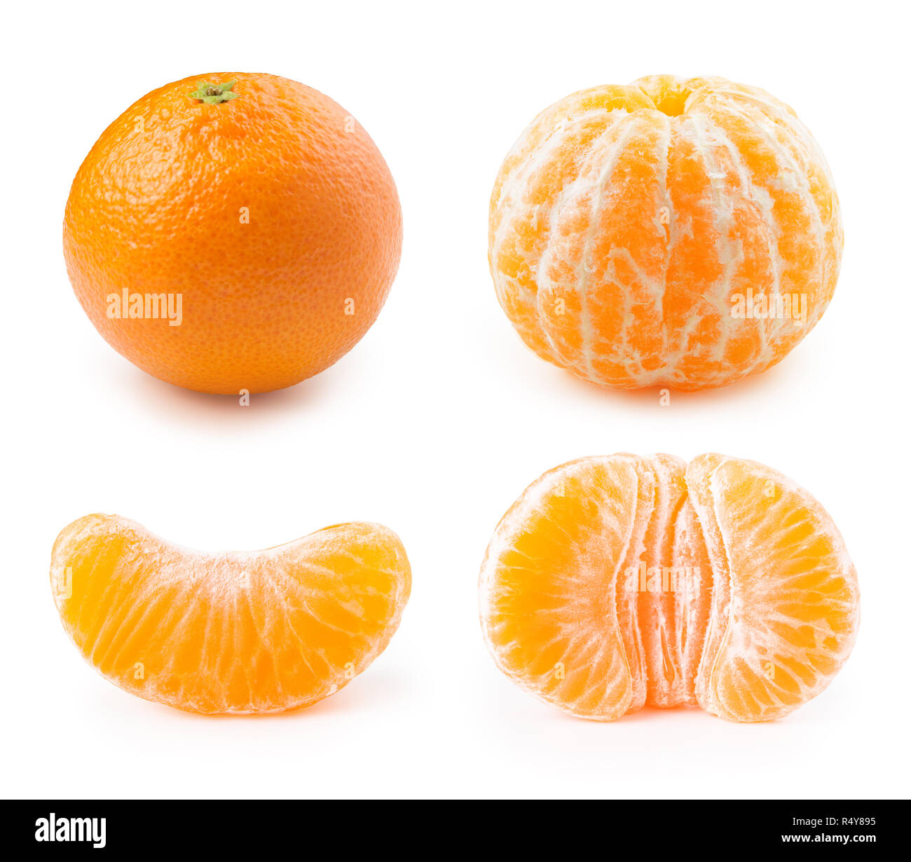 tangerine or clementine and peeled segments isolated on white
