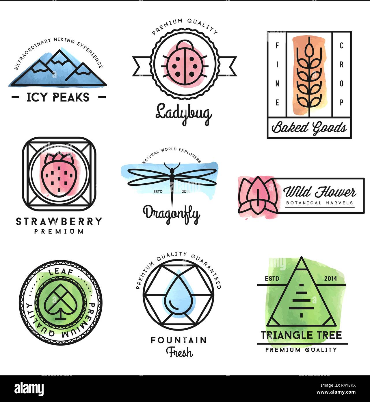 set of beautiful nature inspired, watercolor geometric logos and badges Stock Vector