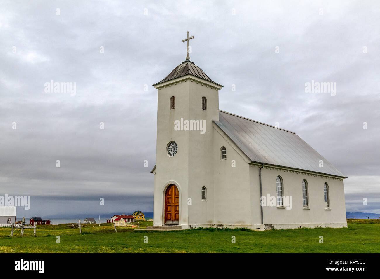 Flatey Church on Flatey Island, off the western fjords of Iceland. Stock Photo