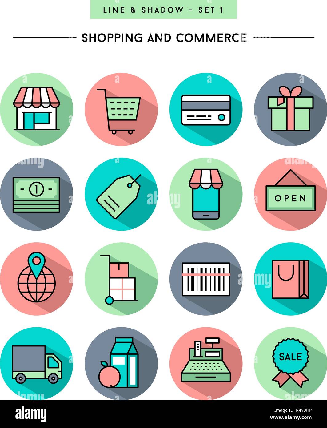 set of flat design,long shadow, thin line shopping and commerce icons Stock Vector