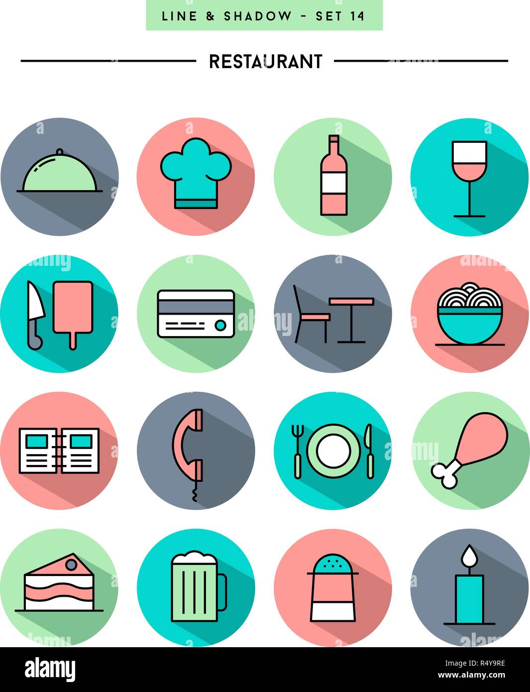 set of flat design,long shadow, thin line restaurant icons Stock Vector ...
