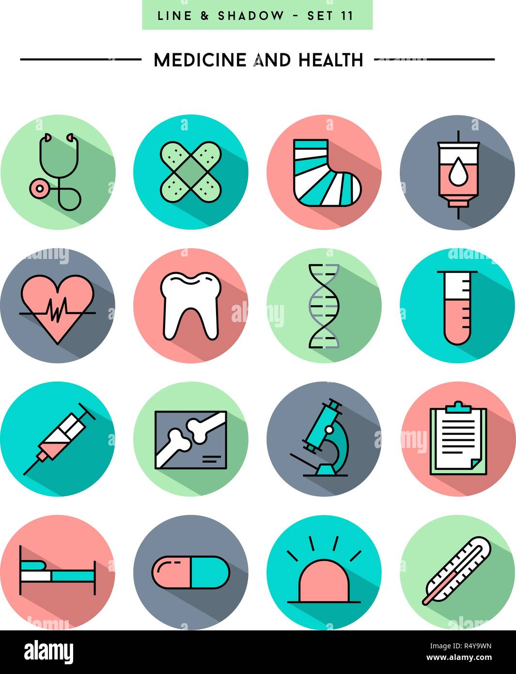 set of flat design,long shadow, thin line medicine and health icons ...
