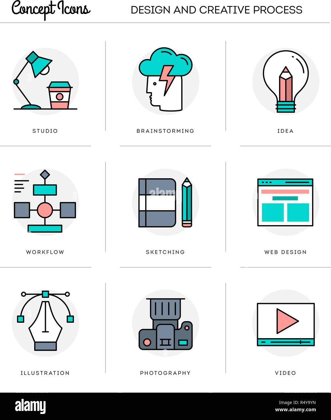 Concept icons,design and creative process, flat thin line design Stock Vector
