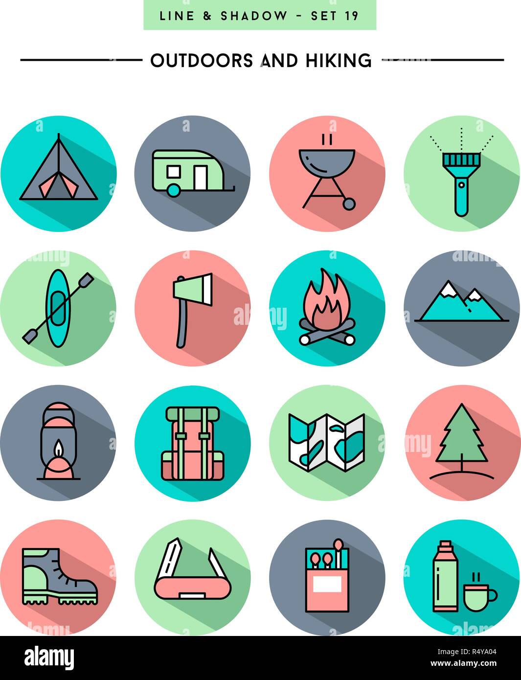 set of flat design,long shadow, thin line hiking and outdoors icons ...