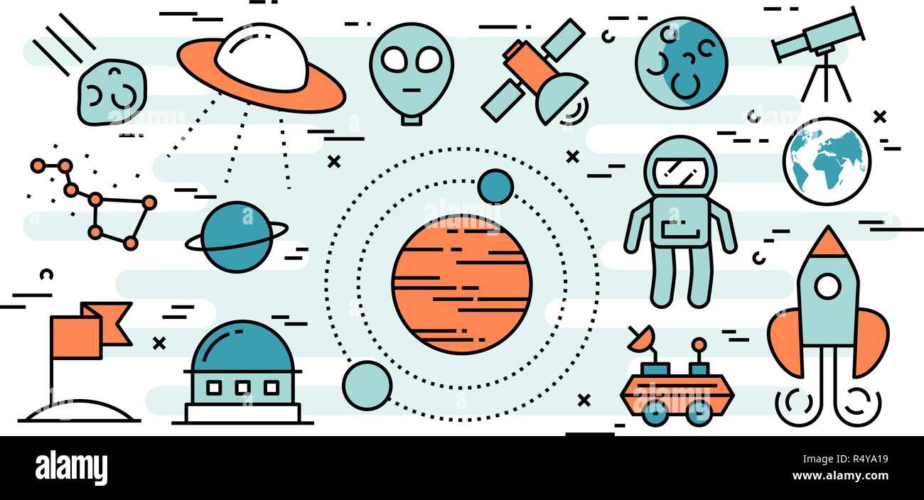 Thin line flat design concept of space exploration Stock Vector