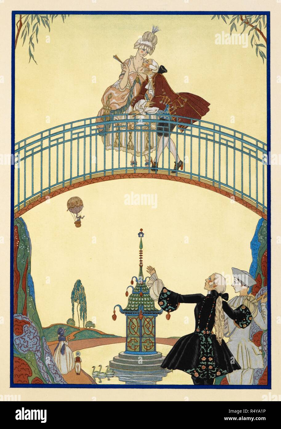 Ã€ La Promenade. A man and woman on a bridge. Pierrot, below. FÃªtes galantes. [PoÃ¨mes]. Illustrations de George Barbier. Paris: H. Piazza, 1928. FÃªtes Galantes is an album consisting of romantic prints of French life among the upper classes of the 19th century. Rich aristocrats of the French court used to play gallant scenes from the commedia dellâ€™ arte that were called Fetes Galantes. The prints accompany Paul Verlaine's poetry. Each album contains 20 lithograph prints with pochoir highlighting by George Barbier. Source: L.45/2847, before page 19. Language: French. Stock Photo