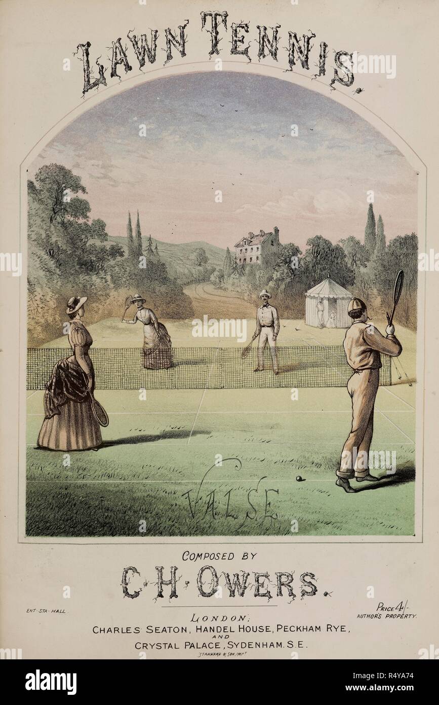 Music cover illustration. A lawn tennis game. Music Score of a waltz tune.  . Lawn Tennis. London 1886. Source: H.975.Z.36 frontispiece. Language:  English. Author: Owers, C. H Stock Photo - Alamy