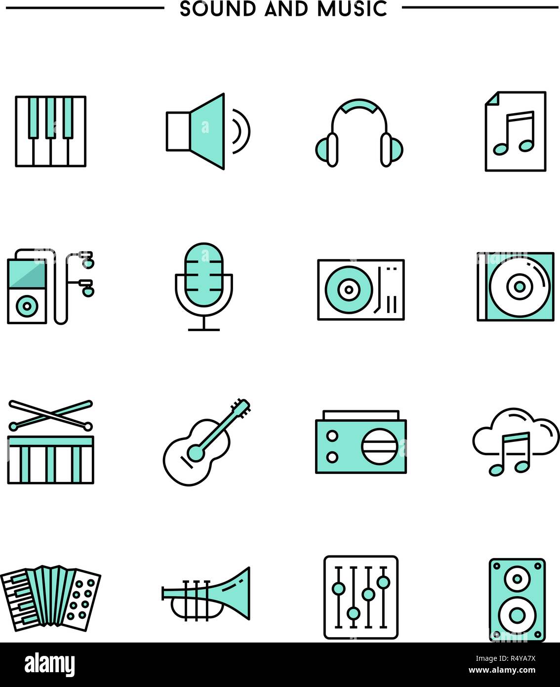 set of flat design, thin line sound and music icons Stock Vector