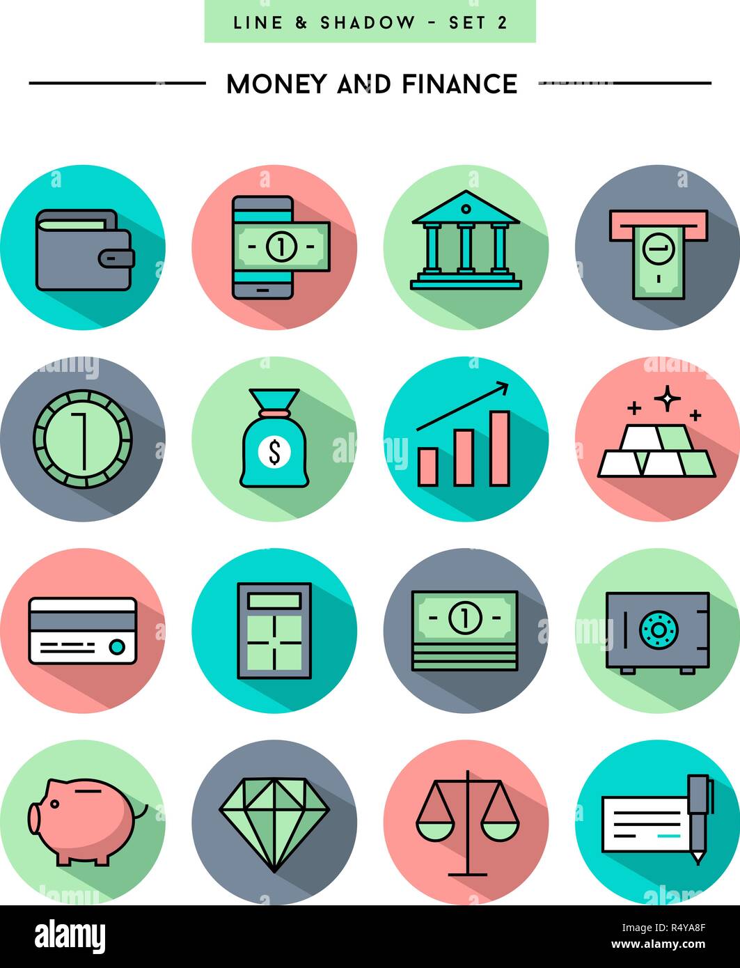 set of flat design,long shadow, thin line money and finance icons Stock Vector