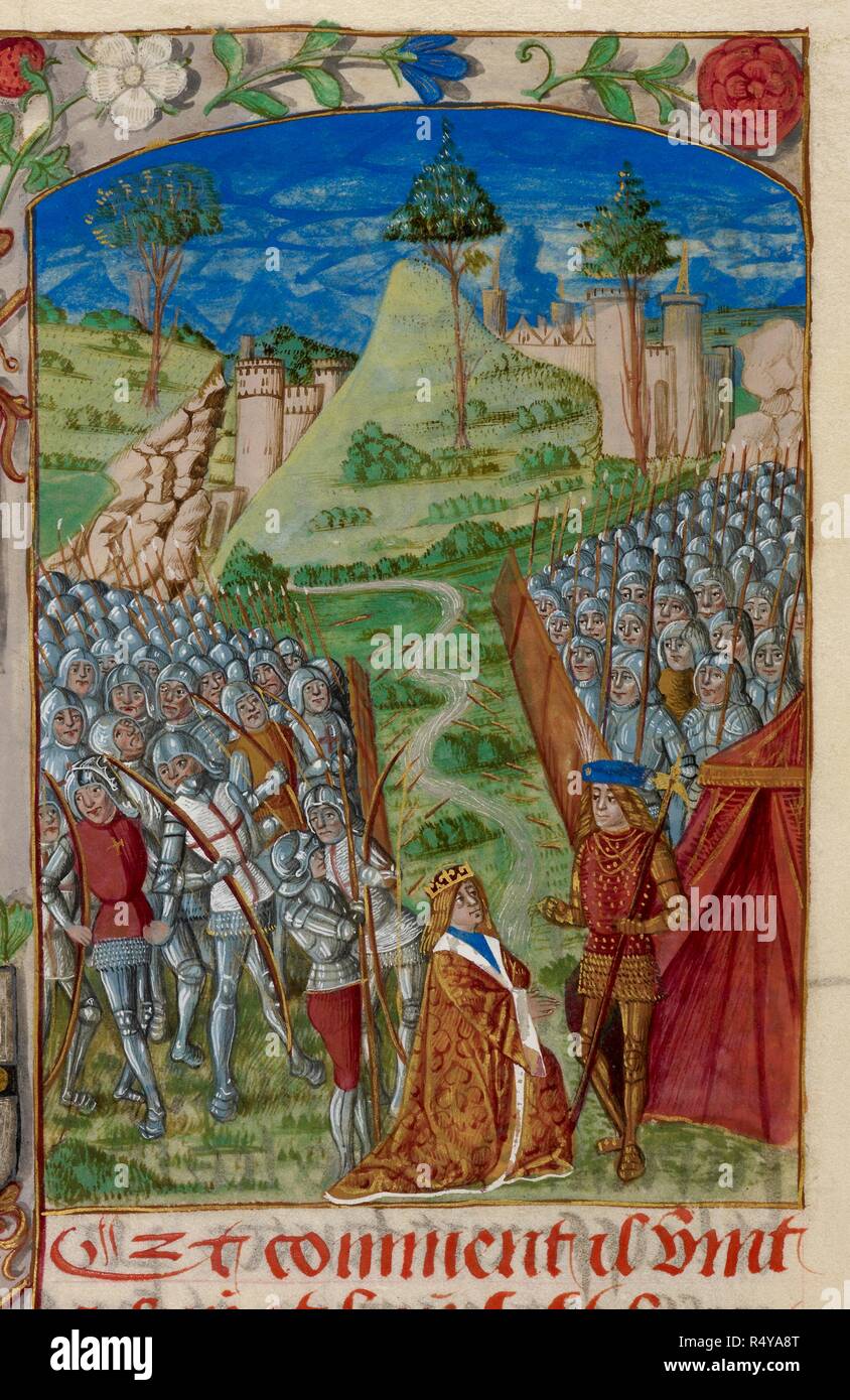 Richard I doing homage to Philip for Normandy. In. Chroniques de France ou de Saint Denis. France (Paris?); 1487. Richard I doing homage to Philip for Normandy.  Image taken from Chroniques de France ou de Saint Denis.  Originally published/produced in France (Paris?); 1487. . Source: Royal 20 E.III, f.155v. Language: French. Stock Photo