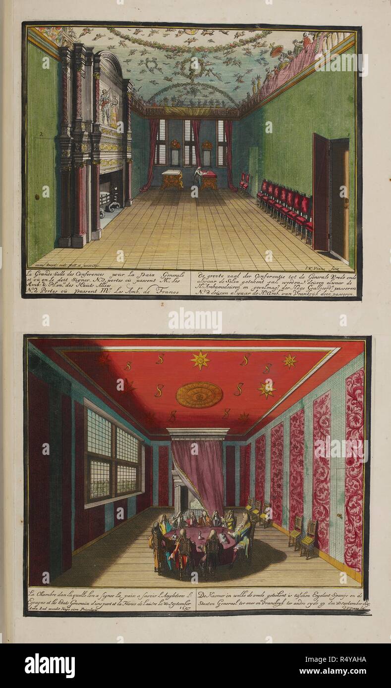 Conference rooms. The large conference room where the general peace will be signed (1697). The room where the peace between England, Spain, and the United Provinces of the Netherlands on one side and France on the other was signed on the 20 September 1697 (1697). The illustration at the top shows the room set aside for the signature of the general peace that was to include all of the participants, including the numerous states headed by Emperor Leopold I, the sovereign of the Holy Roman Empire of the German Nation. The lower picture shows the nearby room where the treaty between France, Great  Stock Photo