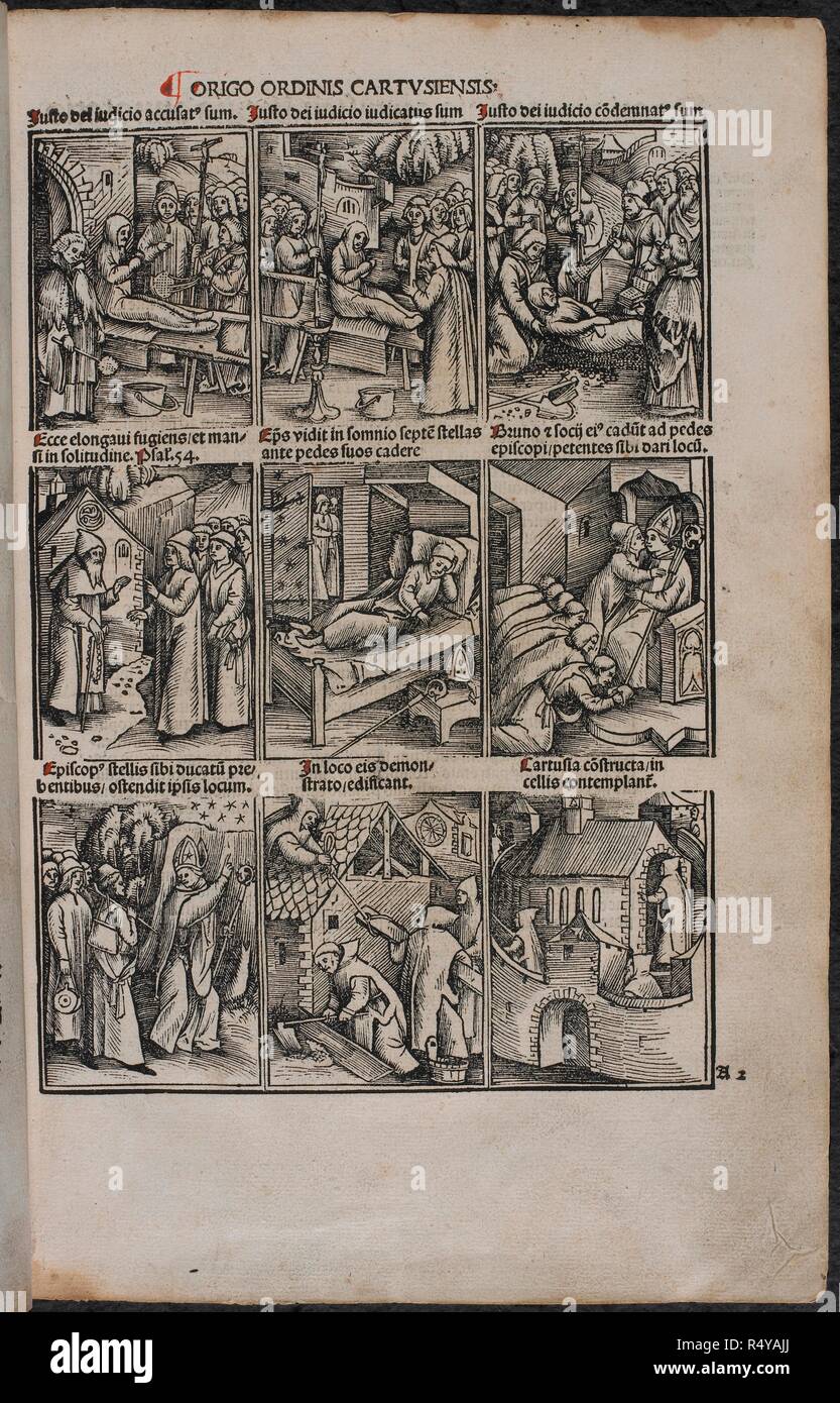 Woodcuts of priest's activities in 'Statuta ordinis'. Statuta ordinis Cartusiensis a domno Guigone priore cartusie edita. Basil. 1510. CARTHUSIANS main entry GUIGO, de Castro Novo, General of the Carthusians. Source: 704.h.21 A2. Language: Latin. Stock Photo