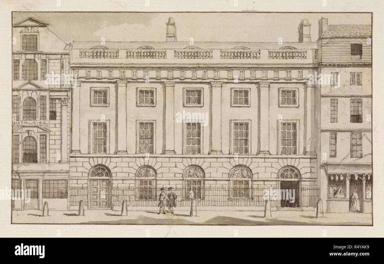 Illustration of East India House in the city of London. Headquarters of the East Indian company, colonial traders.  . East India House, Leadenhall Street. Wale, Samuel (c. 1720-1786); East India House, Leadenhall Street, wash c.1760. Source: WD 2056. Stock Photo