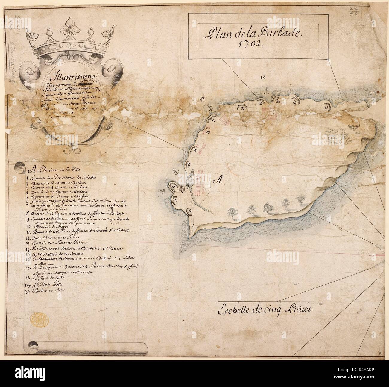 Plan de la Barbade. A simple map of the island of Barbados in 1702. . Plan de la Barbade, 1702. France. published in 1702 'Plan de la Barbade, 1702;' dedicated to AndreÌ, Marquis de Nesmond, Admiral, by Jean .. thov . . . Platevet de Paor; drawn on a scale of one inch to a league. Source: Maps K.Top.123.116. Language: French. Stock Photo