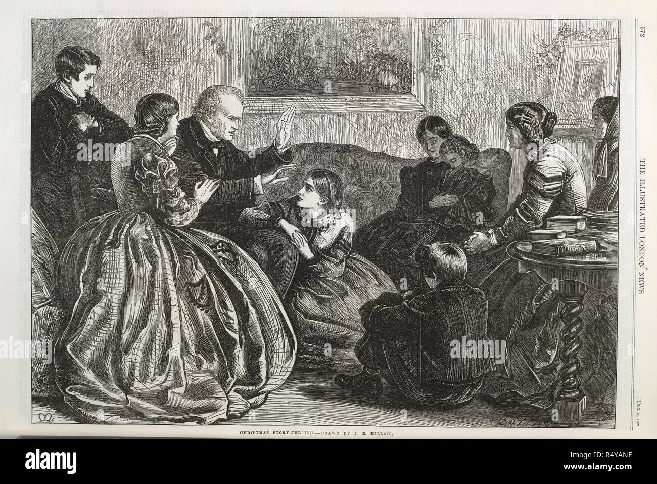 Christmas story telling. A family gathered around a father who is telling a story. Illustrated London News. London, 1862. Source: P.P.7611, 672. Language: English. Author: Milliais, J. E. Stock Photo