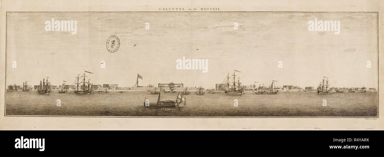 An illustration of the city of Calcutta in 1756. Ships of the fleet in the harbour. Buildings on the shore. A commercial trade port. . History of the Military Transactions of the British Nation in Indostan from the year 1745. London England 1803. Calcutta as in MDCCLVI.' Line engraving by Thomas Kitchin from Robert Orme's History of the Military Transactions of the British Nation in Indostan from the year 1745, London, 4th edition, 1803  Artist: Kitchin, Thomas (fl. 1750s) . Source: P317. Language: English. Stock Photo