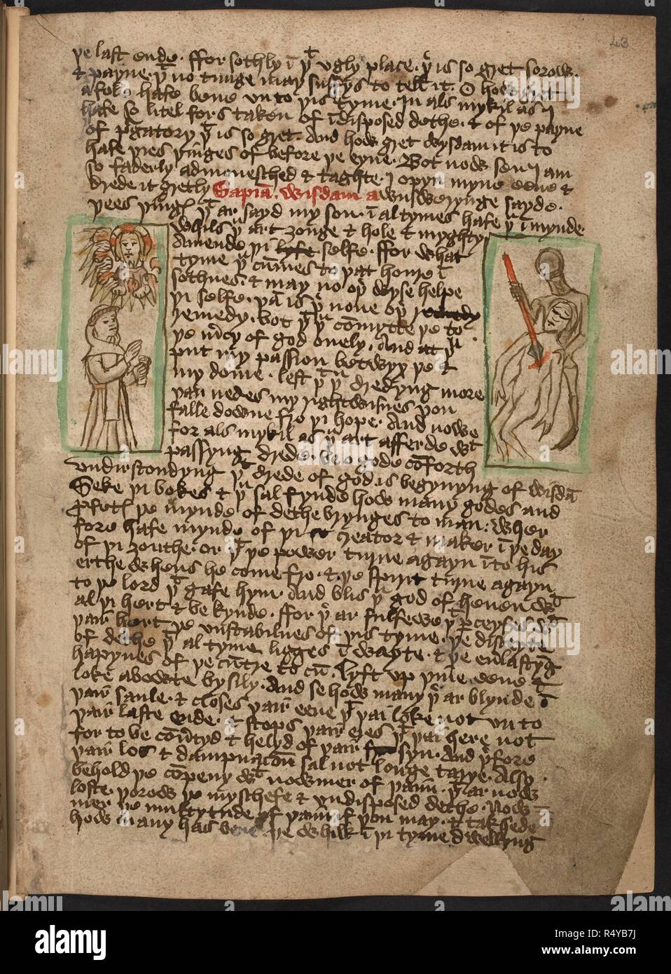 Page of a manuscript from 'The Desert of Religion'. The Desert of Religion and other poems and religious pieces,. etc. mostly illustrated, in Northern English. 'Formula compendiosa vite spiritualis ': part of ch. iv. of the same treatise (Anglia, x. p. 353), ending at p. 355, line 37 (in the original lib. ii. cap. iii.). With a drawing. Beg. ' In pe felischip of saynts,' and ends ' of gostly hele. Hec in horologio diuine sapientie . deo gratias.' f. 43 b. Source: Add. 37049 f.43. Language: English. Stock Photo