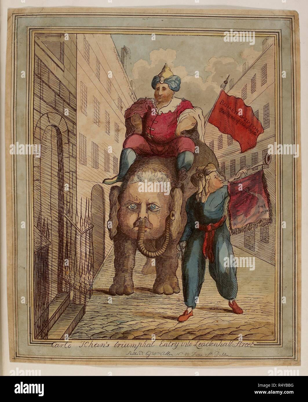 Carlo Khan's triumphal entry into Leadenhall street. 1783. This engraving appeared in December 1783, just after the Foreign Secretary Charles James Fox had published his India Bill. Fox is dressed in oriental costume and holds a flag inscribed 'King of Kings' in Greek. He rides an elephant on which Lord North's face is superimposed, representing the alliance of the two secretaries of state. Edmund Burke, the statesman and actual author of the 1783 India Bill, blows a bugle, proudly announcing their arrival at the East India Company's headquarters in Leadenhall Street. Only the raven, sitting o Stock Photo