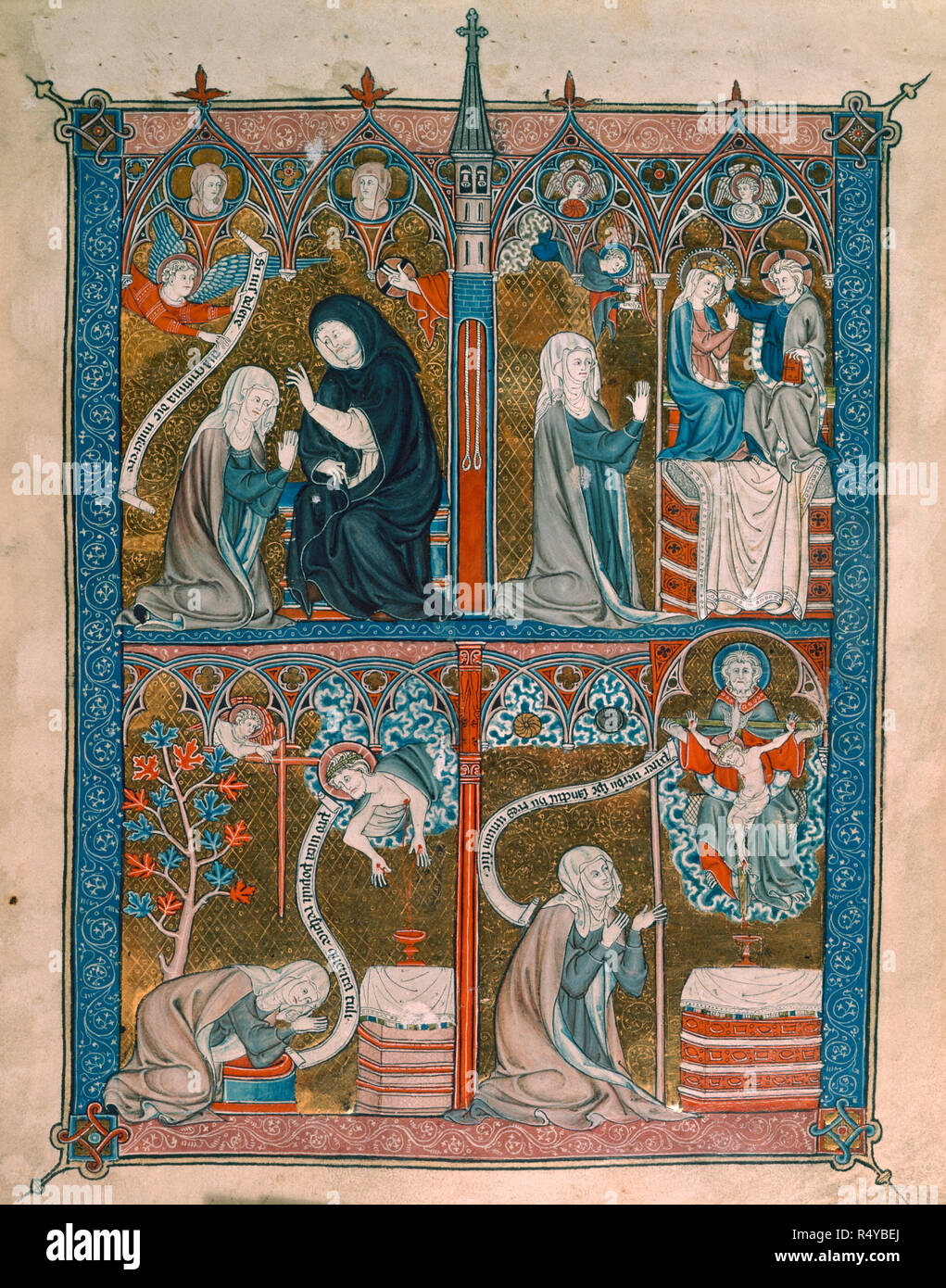 Penitence and Contemplation [Whole folio] Above left Penitence; a nun kneels before a priest who blesses her; an angel with a scroll and above the priest the Hand of God. Above right Devotion; a nun kneels with clasped hands with angel above holding a candlestick with lighted candle. On the right an altar on which is the seated figure of Christ crowning the Virgin. Below left Contemplation; a nun kneels almost prostrate before an altar with Christ above blood from his wounds pouring into a chalice. Below right; a nun kneeling before an altar with the Holy Trinity above Image taken from Livres  Stock Photo
