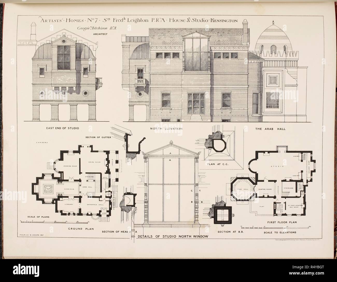 Floor plan and elevation of Sir Frederick Leighton's house. Victorian painter.  Overhead plan, and front elevation.. Artistsâ€™ Homes. A portfolio of drawings, including the houses and studios of several eminent painters, sculptors, etc. London. Artistsâ€™ Homes. A portfolio of drawings, including the houses and studios of several eminent painters, sculptors, etc. Adams, Maurice Bingham. 1883. Source: 1763.d.22 7. Language: English. Stock Photo