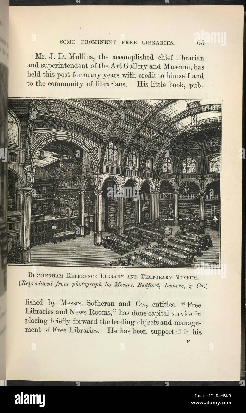 Birmingham Reference Library and temporary museum. Free Public Libraries, their organisation, uses and temporary museum and management. Simpkin, Marshall & Co.: London, 1886. Source: 11902.b.52, page 65. Language: English. Author: Greenwood, Thomas. Stock Photo