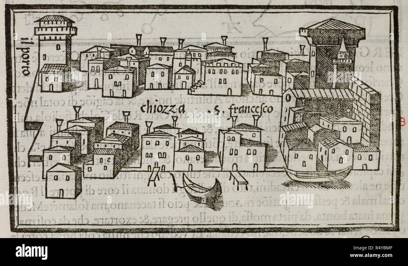 Illustration of the city of Chiozza. . Chiozza / [Benedetto Bordone].  Venice, Italy. Bordone, Benedetto, 1450-1530 [Venetia : Francesco di Leno,  1565?]. Source: 10027.h.6 G. Language: Italian Stock Photo - Alamy