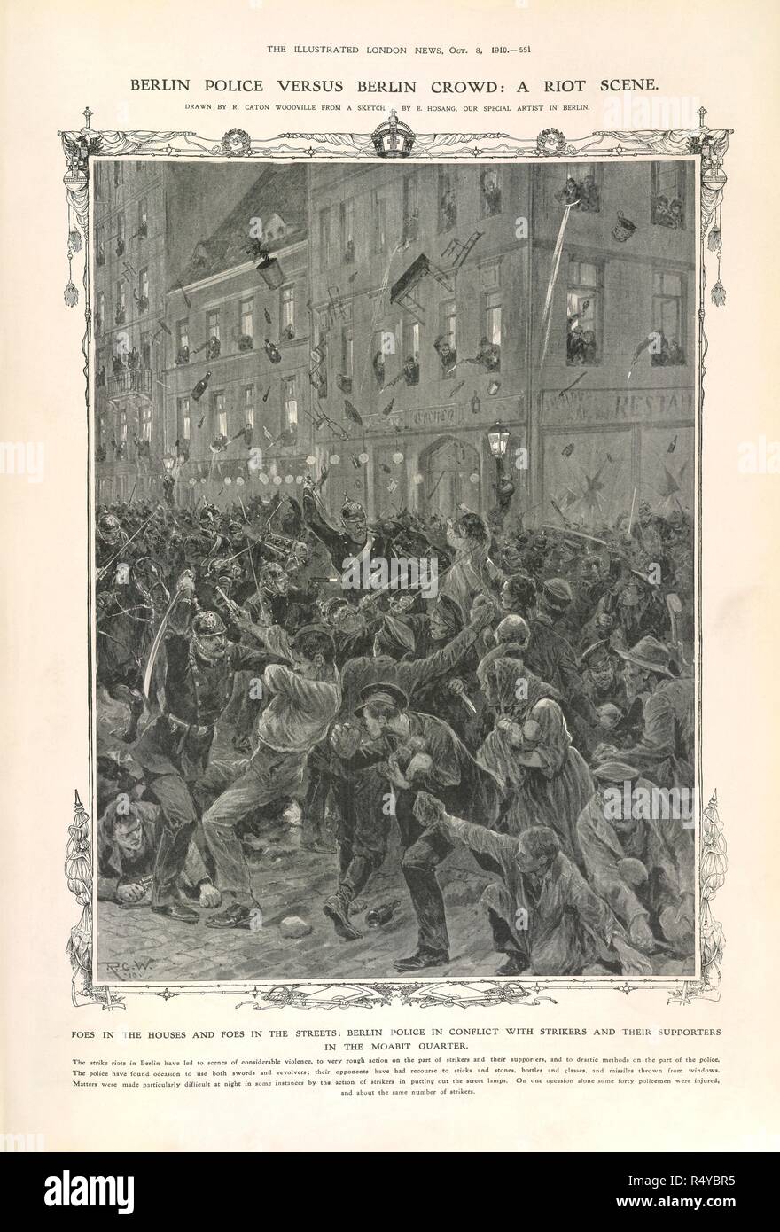 Berlin Police versus Berlin crowd: a riot scene. Illustrated London News. 8th October 1910. Source: Colindale, 551. Language: English. Author: Caton Woodville, R. Stock Photo