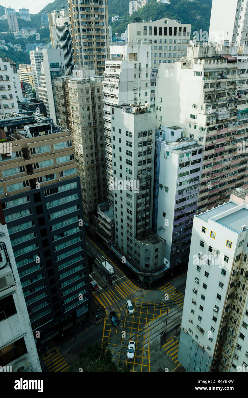 High rise buildings seen from above in the Wan Chai district, Hong Kong Stock Photo