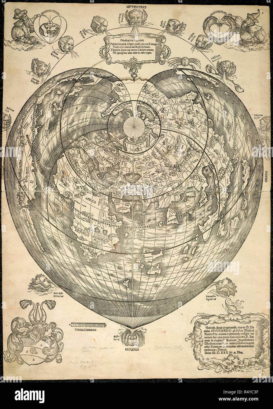 World map. D. Domino Leonardo ab Eck ... P. Apianus ... Mathe. [Ingoldstadt], 1530. World map.  Image taken from D. Domino Leonardo ab Eck P. Apianus Mathematicus hanc universaliorem cogniti orbis tabulam ex recentibus observationibus confectam dedicat.  Originally published/produced in [Ingoldstadt], 1530. . Source: Maps.C.7.c.16,. Stock Photo