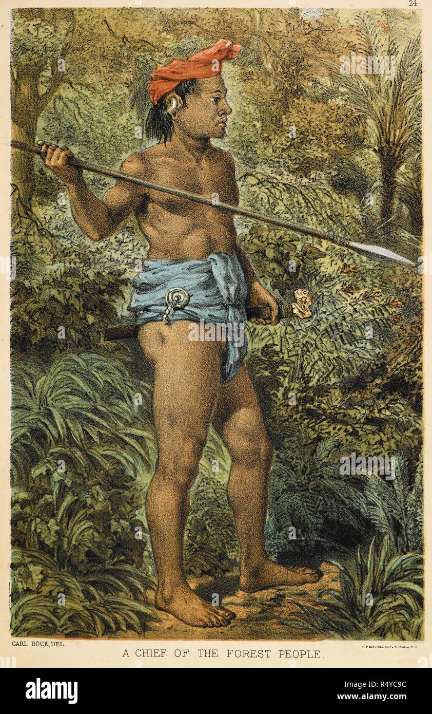 A Chief Of The Forest People Orang Poonan He Wears A Headdress And Tjawat Or Waist Cloth He Carries A Spear The Head Hunters Of Borneo A Narrative Of Travel Up The Mahakkam