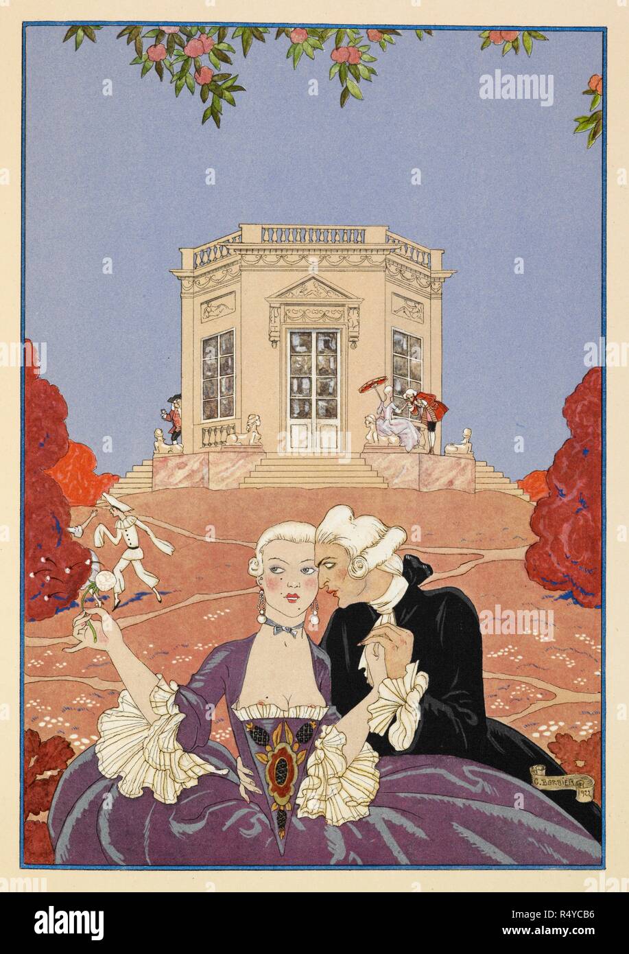 Les Indolents. . FÃªtes galantes. [PoÃ¨mes]. Illustrations de George Barbier. Paris: H. Piazza, 1928. FÃªtes Galantes is an album consisting of romantic prints of French life among the upper classes of the 19th century. Rich aristocrats of the French court used to play gallant scenes from the commedia dellâ€™ arte that were called Fetes Galantes. The prints accompany Paul Verlaine's poetry. Each album contains 20 lithograph prints with pochoir highlighting by George Barbier. Source: L.45/2847, before page 77. Language: French. Stock Photo
