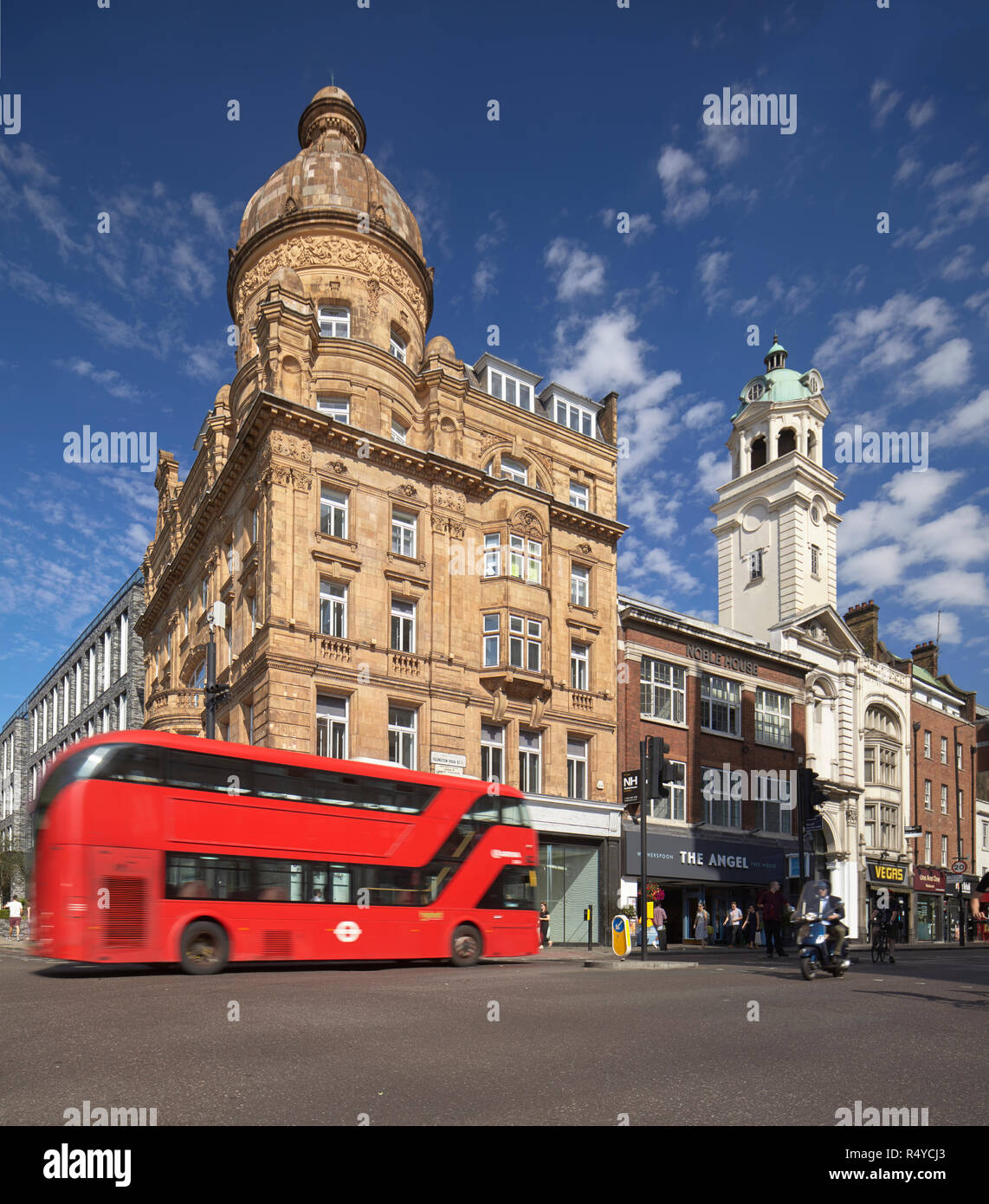 London bus on crossroad of Pentonville Road Islington High street, London. Stock Photo