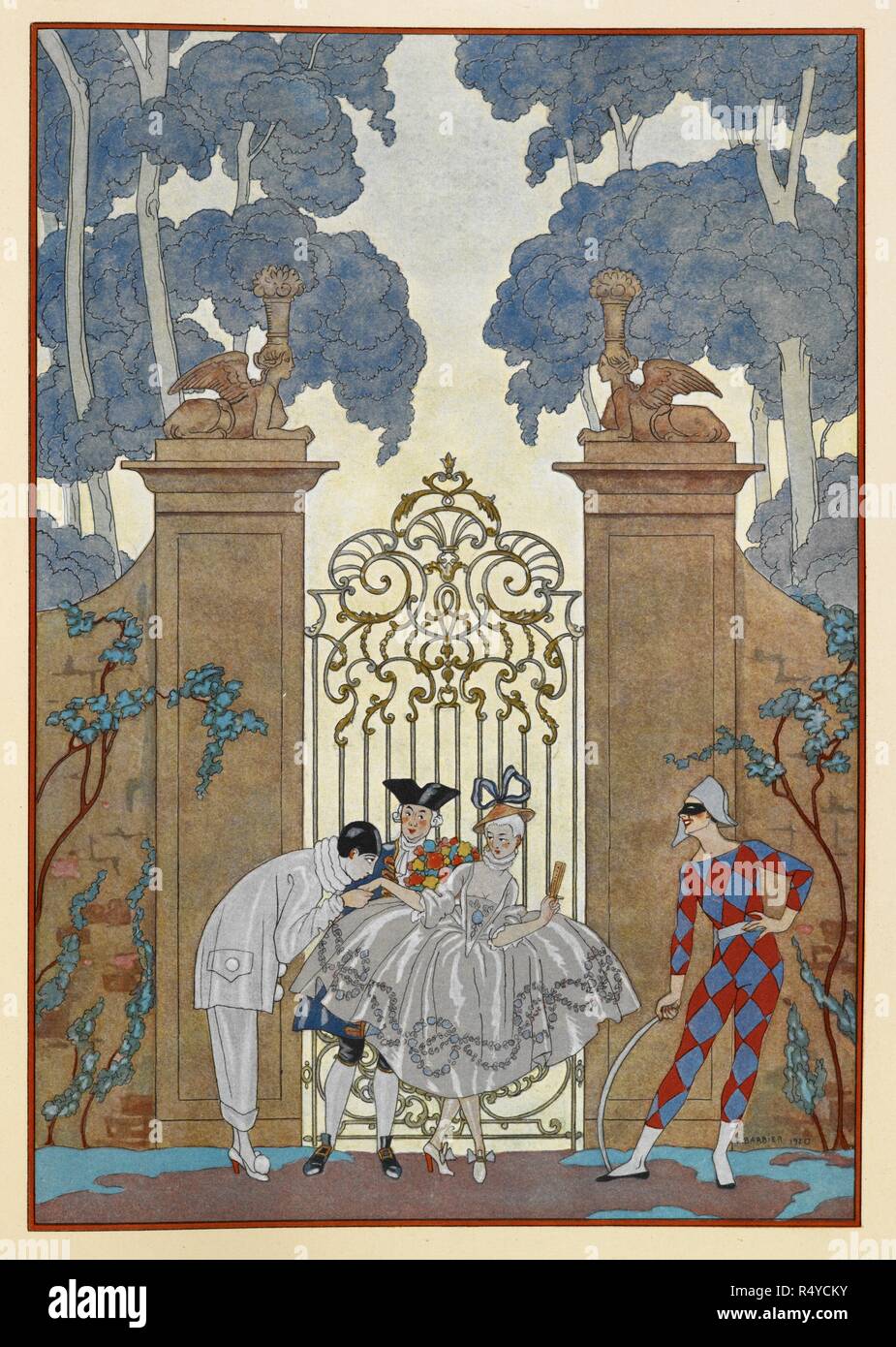 Colombine. People standing outside a gate. A Pierrot. FÃªtes galantes. [PoÃ¨mes]. Illustrations de George Barbier. Paris: H. Piazza, 1928. FÃªtes Galantes is an album consisting of romantic prints of French life among the upper classes of the 19th century. Rich aristocrats of the French court used to play gallant scenes from the commedia dellâ€™ arte that were called Fetes Galantes. The prints accompany Paul Verlaine's poetry. Each album contains 20 lithograph prints with pochoir highlighting by George Barbier. Source: L.45/2847, before 81. Language: French. Stock Photo