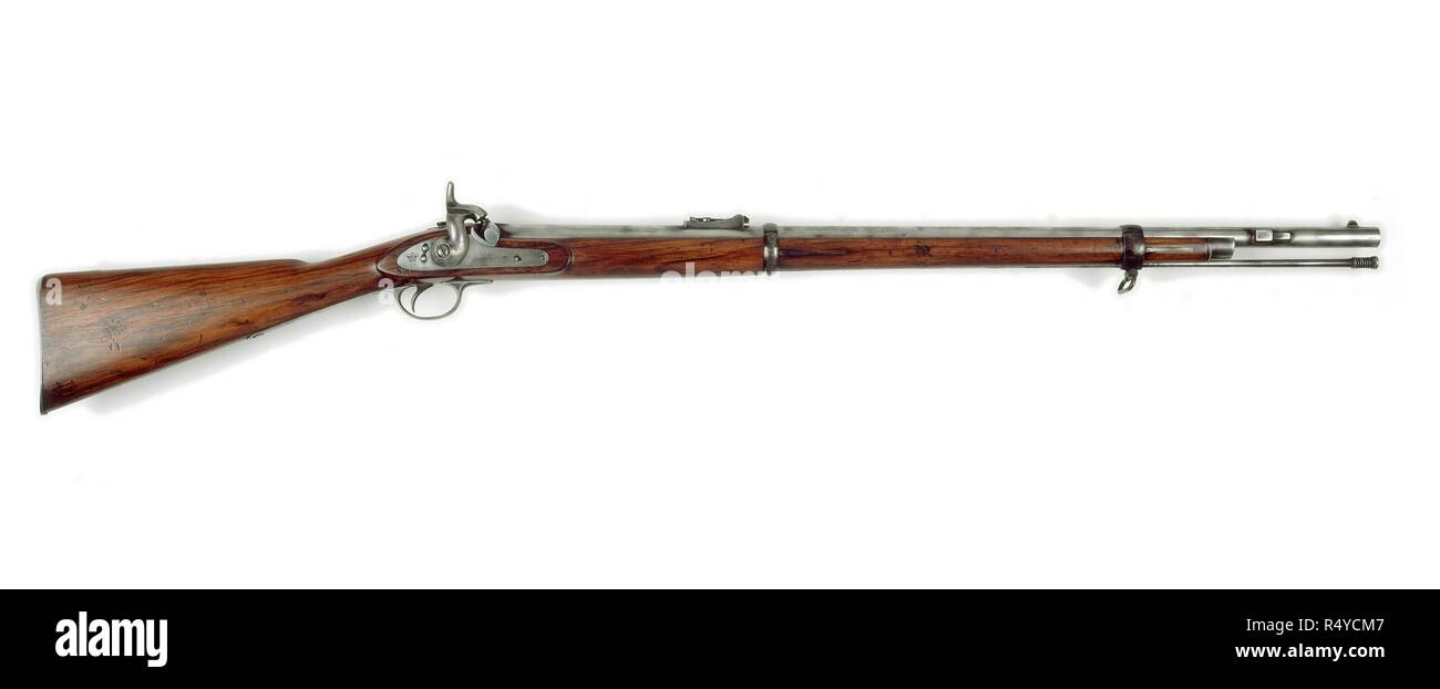 Muzzle-loading, rifled, .557in calibre. War Department production piece bought by the East India Company as a specimen and numbered as their pattern piece number 118 (engraved '118' on buttplate tang). Correct ramrod present. Backsight leaves. 1865. Source: Foster 997. Stock Photo