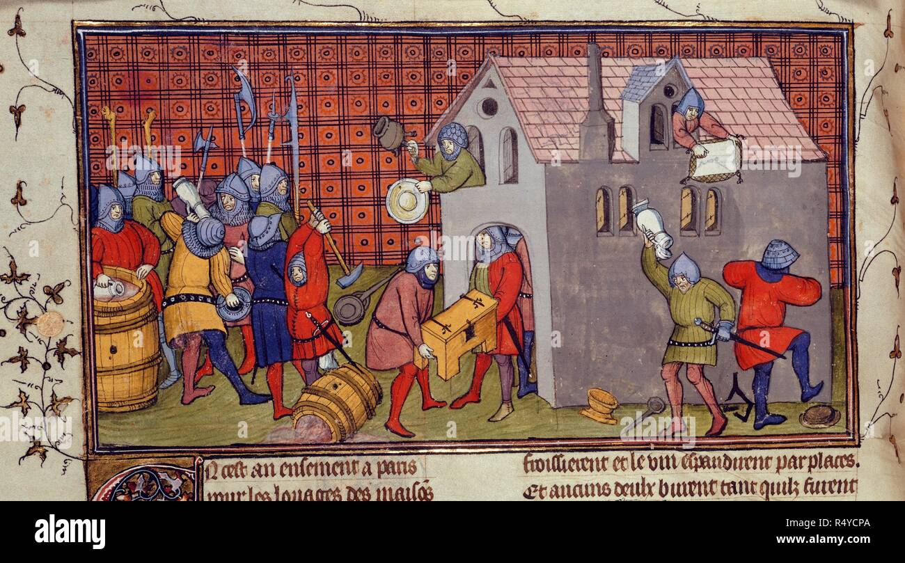 (Miniature) Rioting soldiers pillage a house in Paris. Chroniques de France ou de St. Denis. End of 14th century. Source: Royal 20 C. VII, f.41v. Language: French. Stock Photo