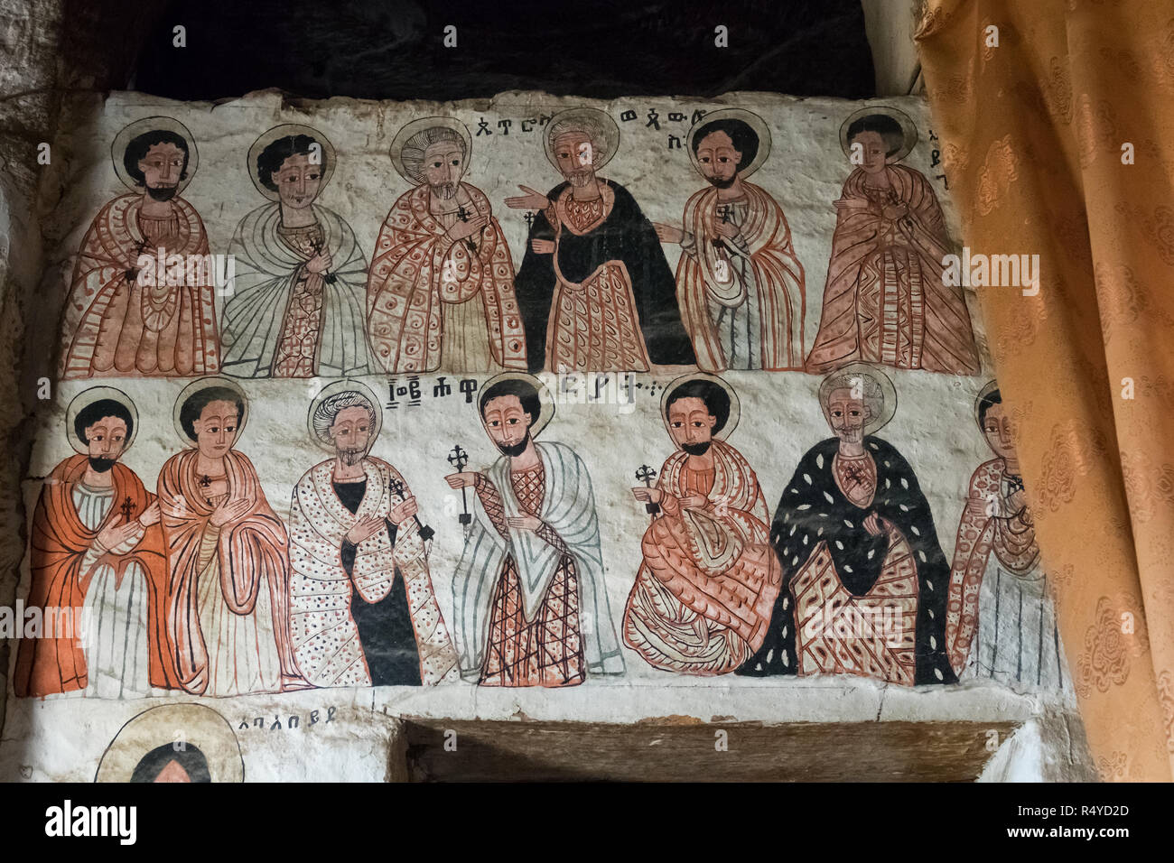 Old mural in Abba Yohanni monolithic church in Hawzen, Tigray, Ethiopia. Stock Photo