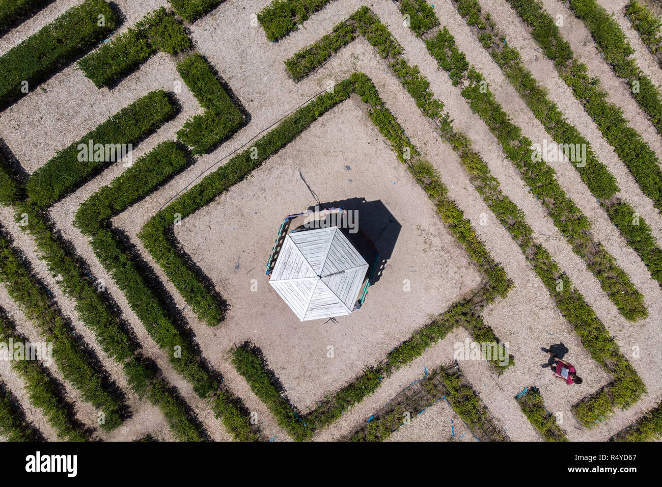Aerial view of a labyrinth garden. Stock Photo