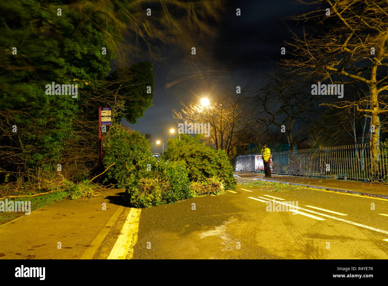 Leeds, West Yorkshire, UK. 28th November 2018. UK Weather: Winds from Storm Diana knocks down tree. A fallen tree has landed and blocked a busy road in Great Preston, between Leeds & Castleford. Maintenance crews were quick on the scene on Leeds Road and one lane was opened under the supervision of a police officer while the remains of the tree was removed. Credit: Yorkshire Pics/Alamy Live News Stock Photo