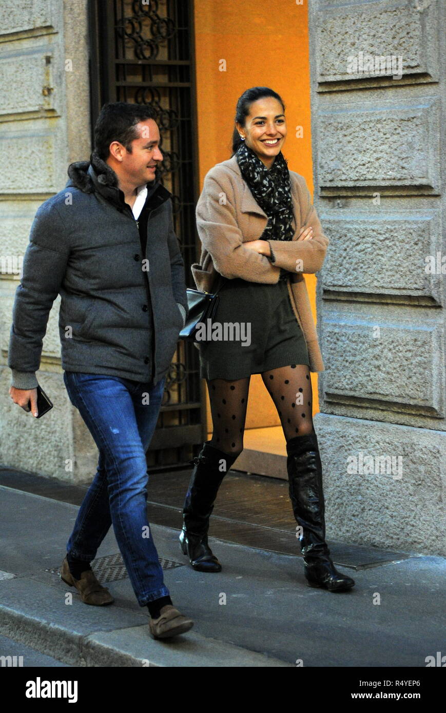 Milan, Laura Barriales first out in the center with her husband after the birth Laura Barriales, the showgirl and Spanish model who became a mother for less than a month, arrives downtown in the late afternoon with her husband FABIO CATTANEO. After leaving her daughter MELANIA in Lugano by her grandmother, Laura Barriales and Fabio Cattaneo take the opportunity to take a walk in the quadrilateral. Stock Photo