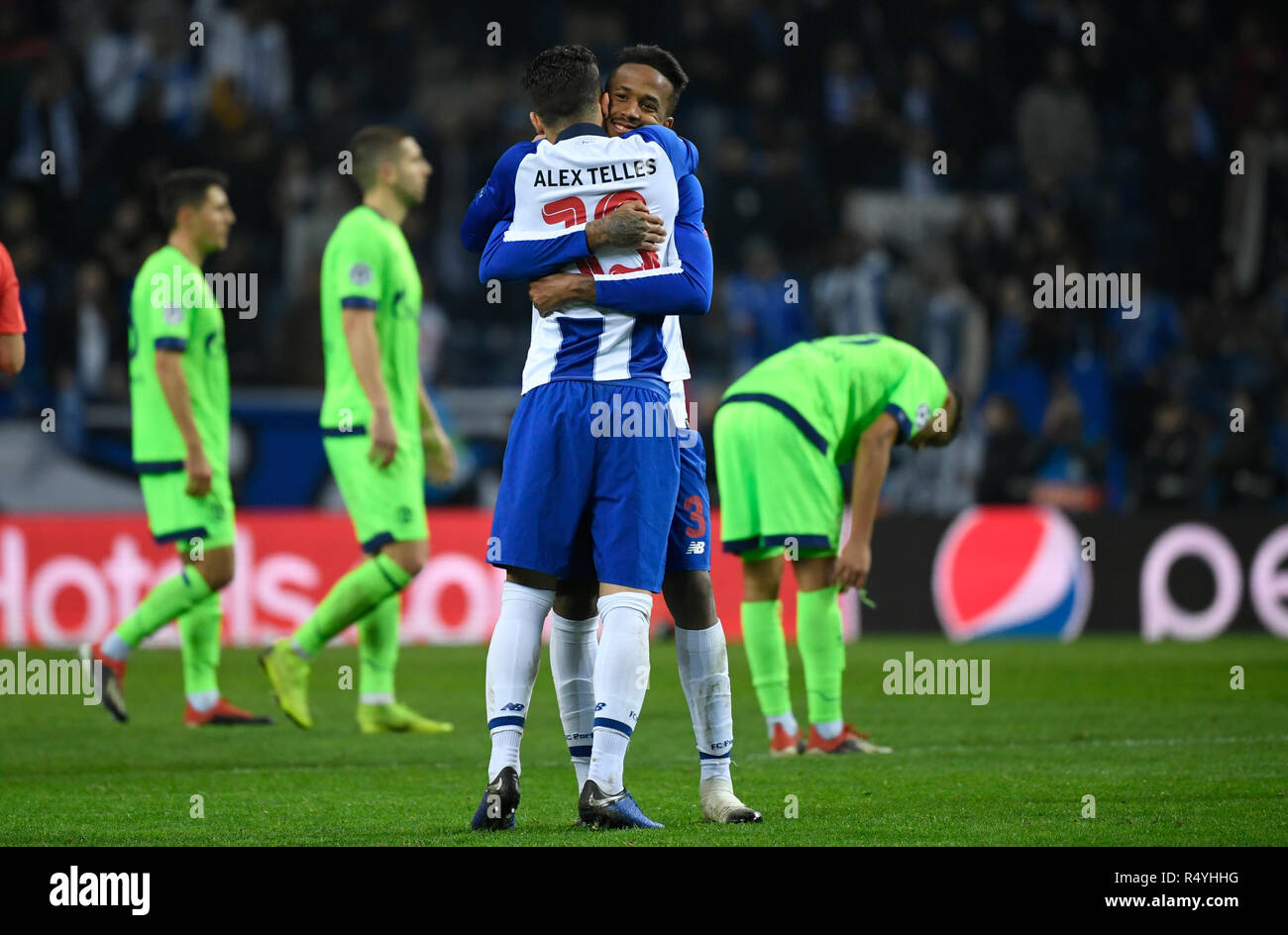 Porto, Portugal. 28th Nov, 2018. Soccer: Champions League, FC Porto - FC  Schalke 04, Group stage, Group D, 5th matchday at Estadio do Dragao: Alex  Telles and Eder Militao (r) of Porto