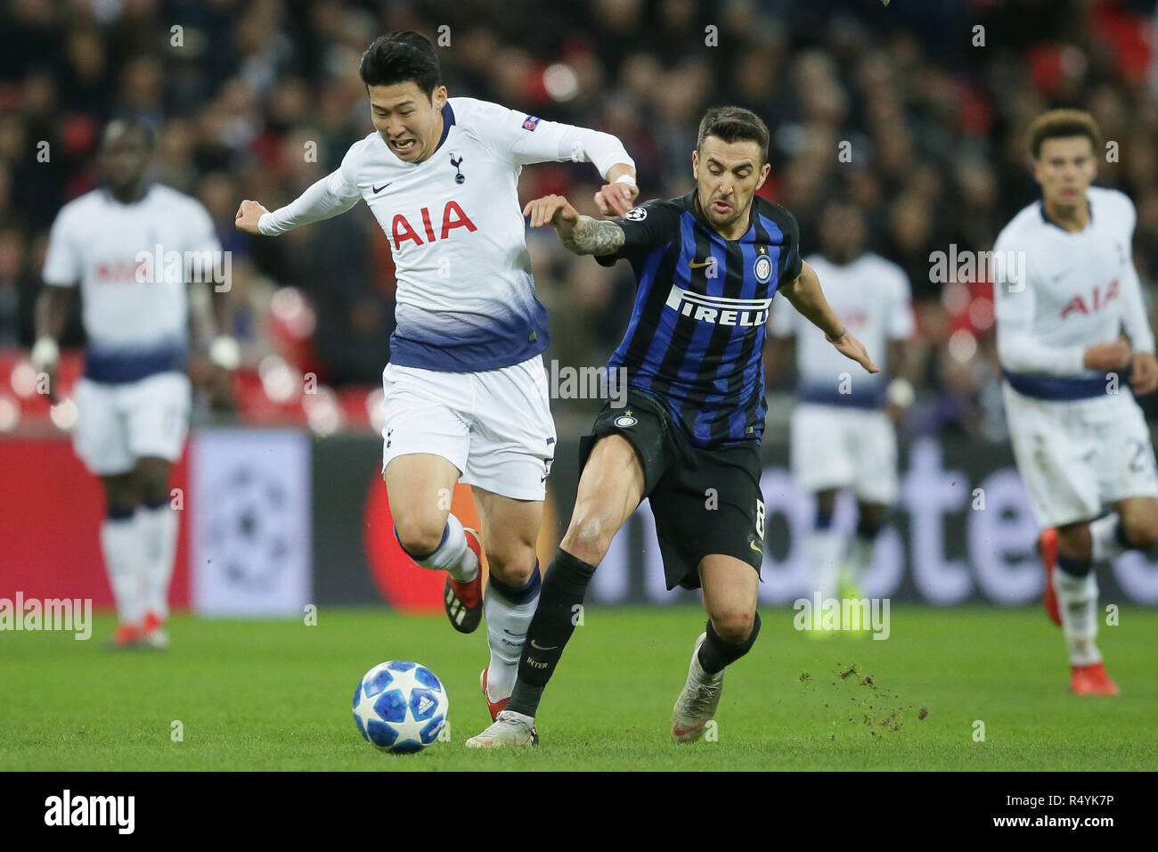 London, UK. 28th Nov, 2018. Tottenham Hotspur's Son Heung-Min (L) vies with Inter  Milan's Matias Vecino during the UEFA Champions League Group B match  between Tottenham Hotspur and Inter Milan at Wembley, image size:1300x956
