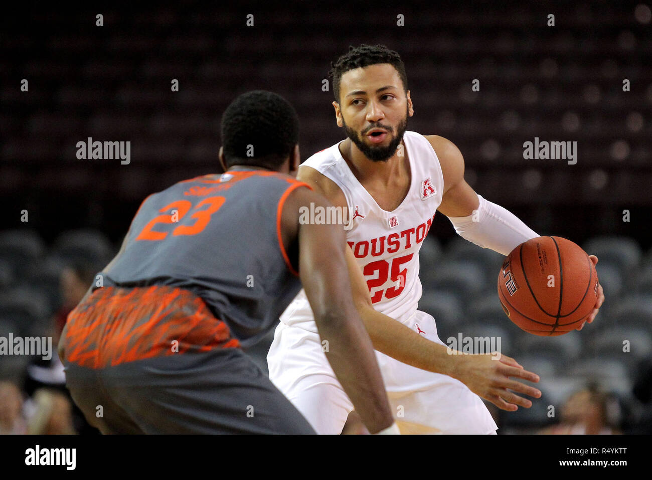 Houston Texas Usa 28th Nov 18 Houston Cougars Guard Galen Robinson 25 Handles The Ball While Ut Rio Grande Valley Vaqueros Guard Tyson Smith 23 Defends During The First Half Of The Ncaa Houston Texas Usa 28th Nov 18 Houston Cougars Guard Galen Robinson 25 Handles The Ball While Ut Rio Grande Valley Vaqueros Guard Tyson Smith 23 Defends During The First Half Of The Ncaa