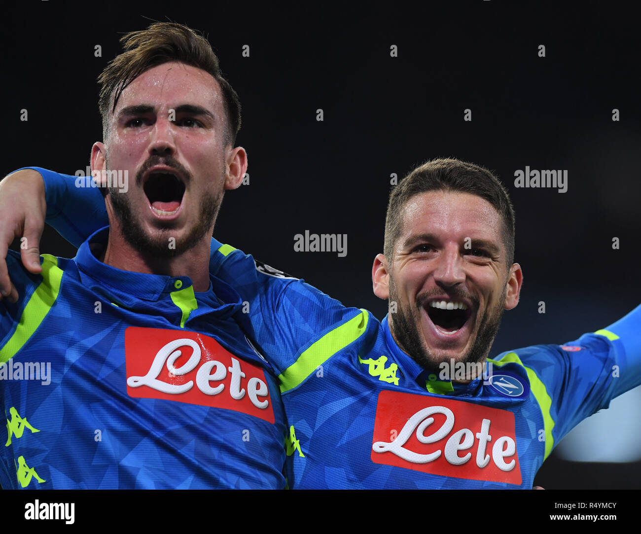 Naples, Italy. 28th Nov, 2018. Napoli's Dries Mertens (R) celebrates with his teammate Fabian Ruiz during the UEFA Champions League Group C match between Napoli and Red Star Belgrade in Naples, Italy, Nov. 28, 2018. Napoli won 3-1. Credit: Alberto Lingria/Xinhua/Alamy Live News Stock Photo